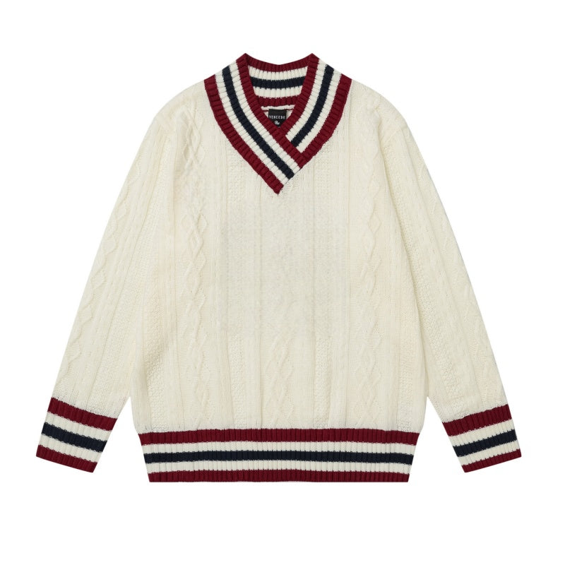 Striped Patchwork V-Neck Sweater