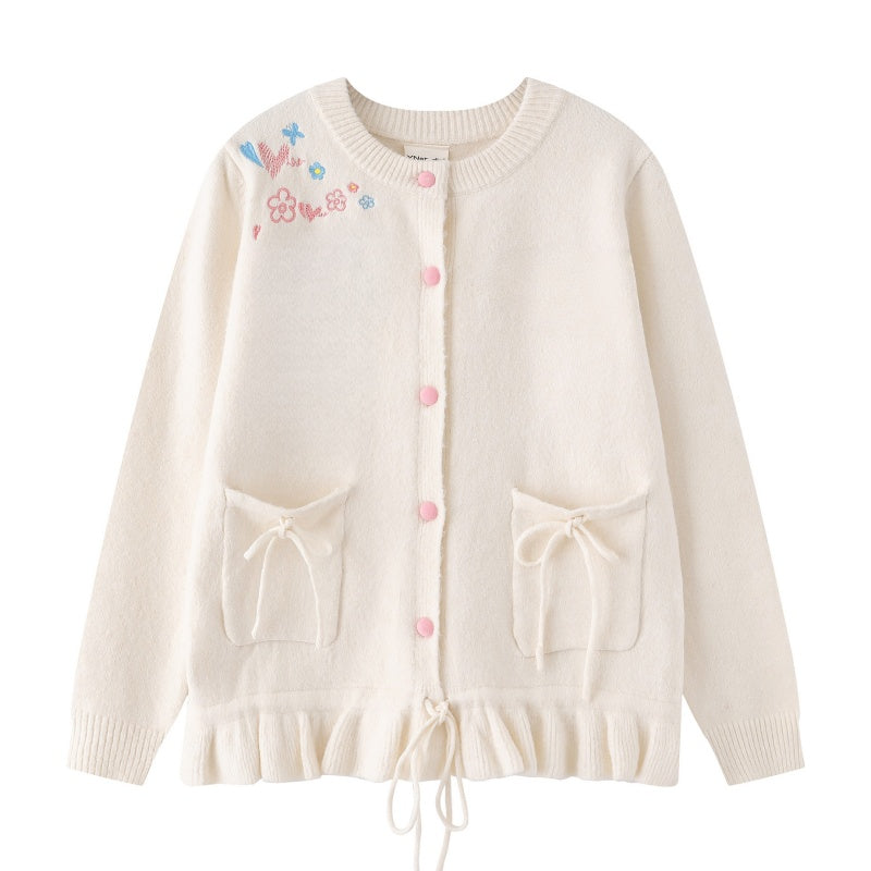 Sweet Style Sweater with Bow Embroidery