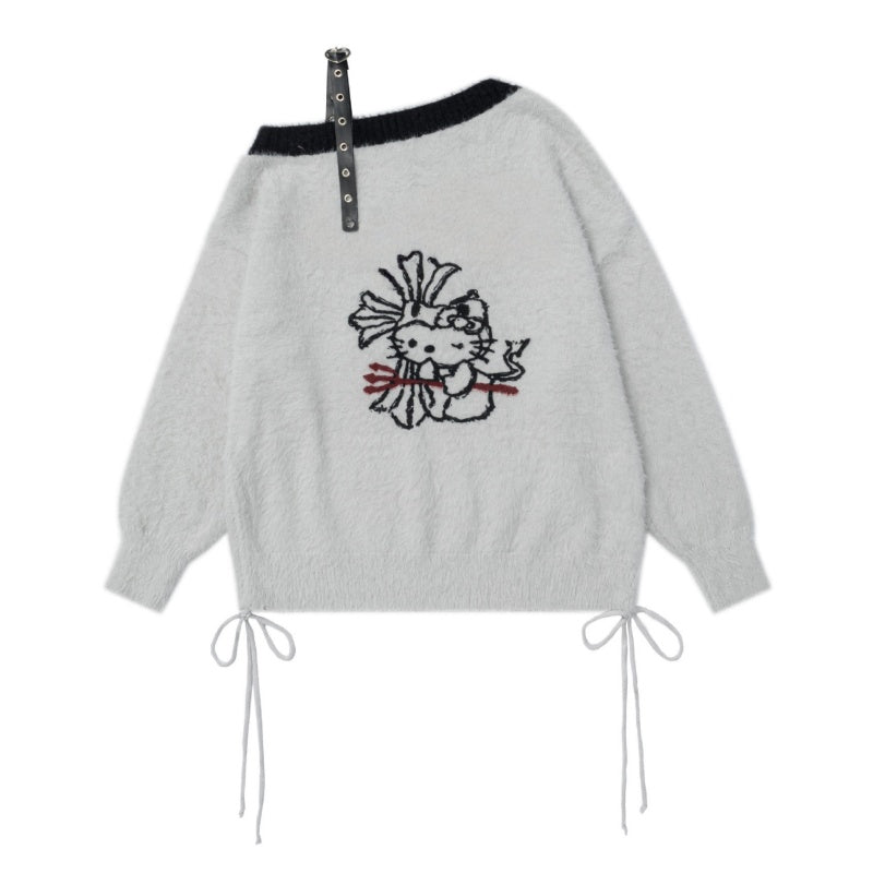 One-Shoulder Grey Thermal Knit Sweater with Strap