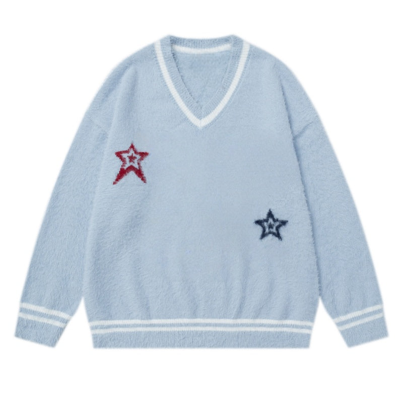 Oversized Blue Colorblock V-Neck Sweater