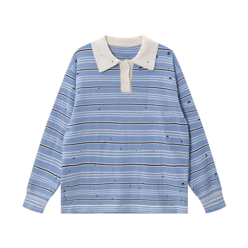 Contrast Stripe Collared Breathable Sweater